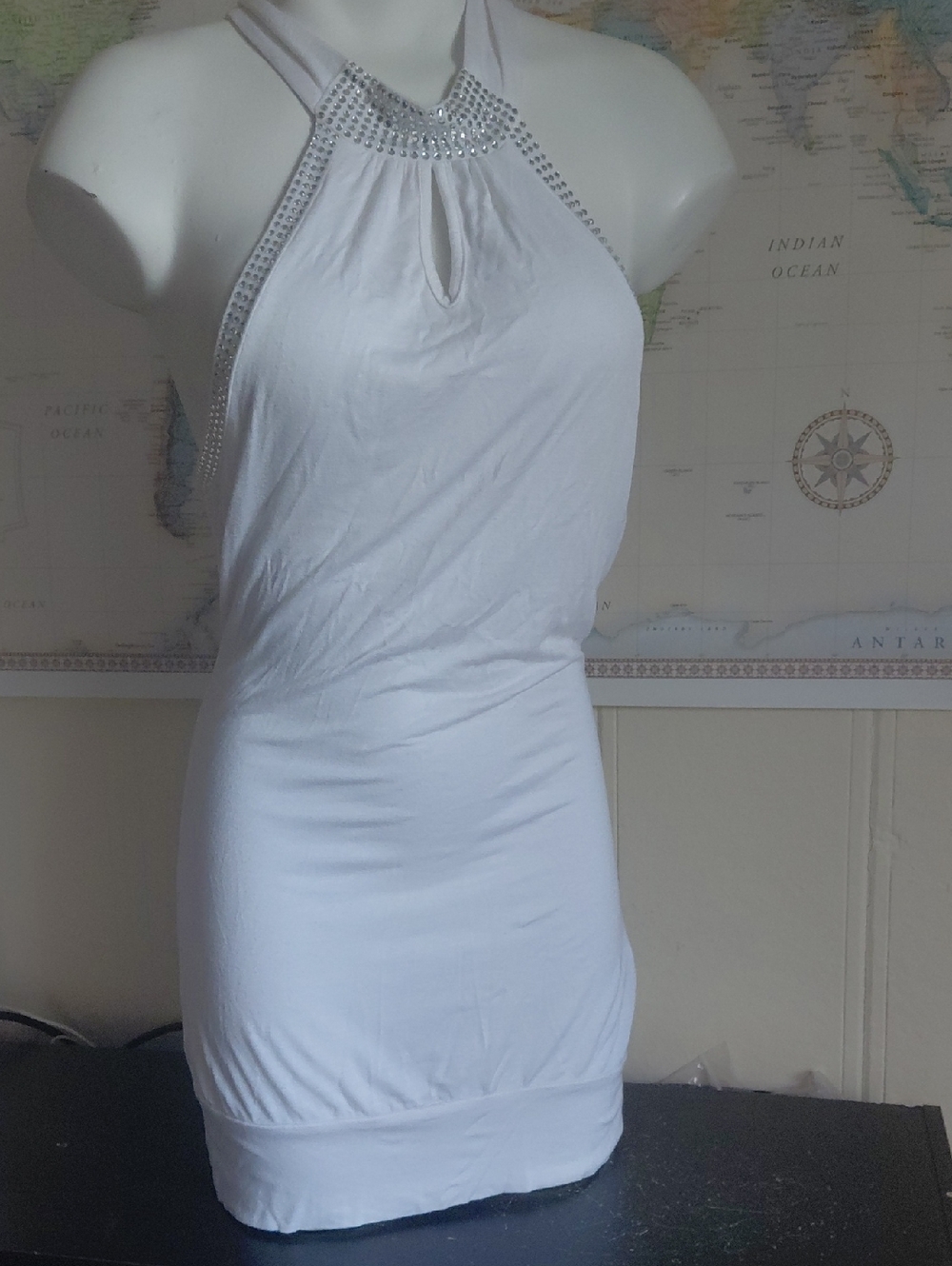 White Halter Mini Dress with Rhinestone Trim